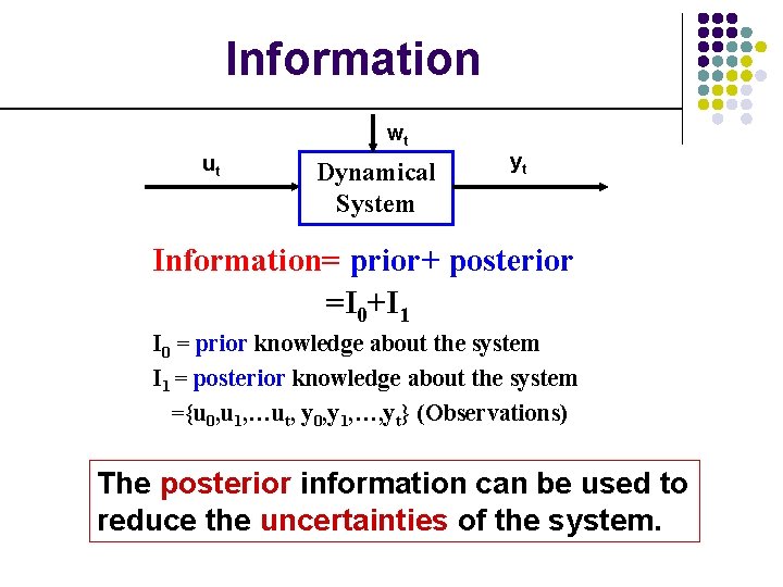 Information wt ut Dynamical System yt Information= prior+ posterior =I 0+I 1 I 0