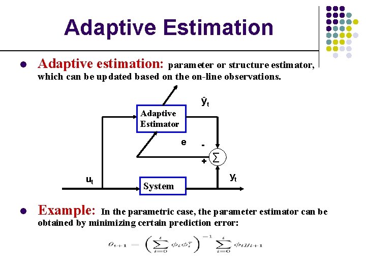 Adaptive Estimation l Adaptive estimation: parameter or structure estimator, which can be updated based