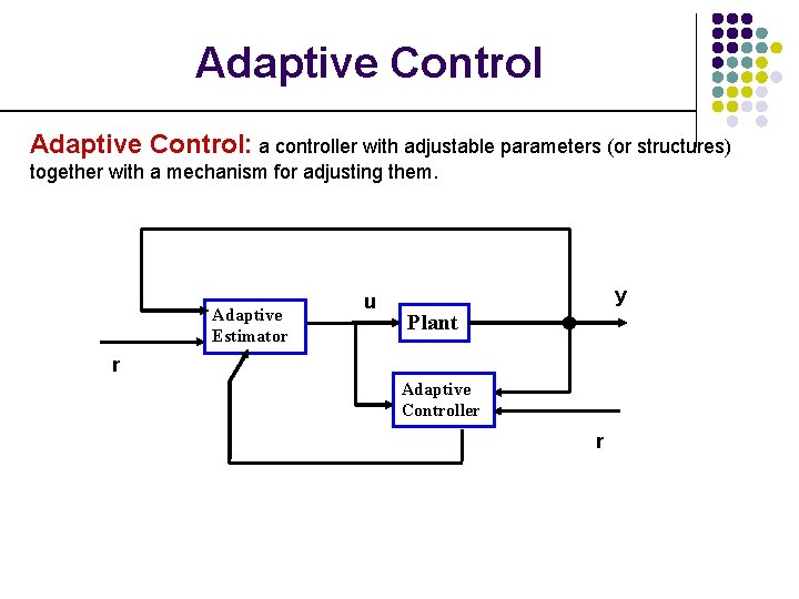 Adaptive Control: a controller with adjustable parameters (or structures) together with a mechanism for