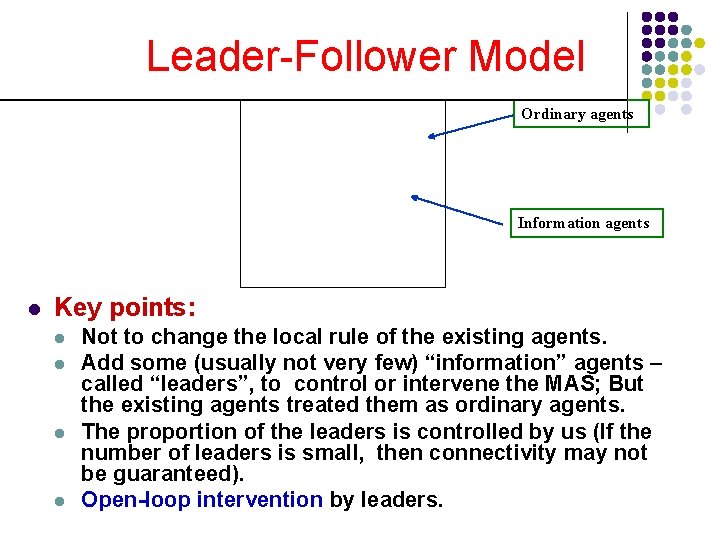 Leader-Follower Model Ordinary agents Information agents l Key points: l l Not to change