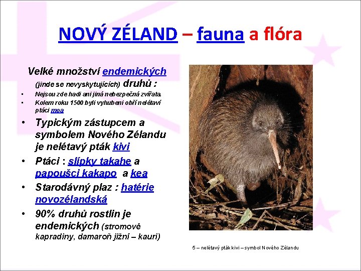 NOVÝ ZÉLAND – fauna a flóra Velké množství endemických (jinde se nevyskytujících) druhů :