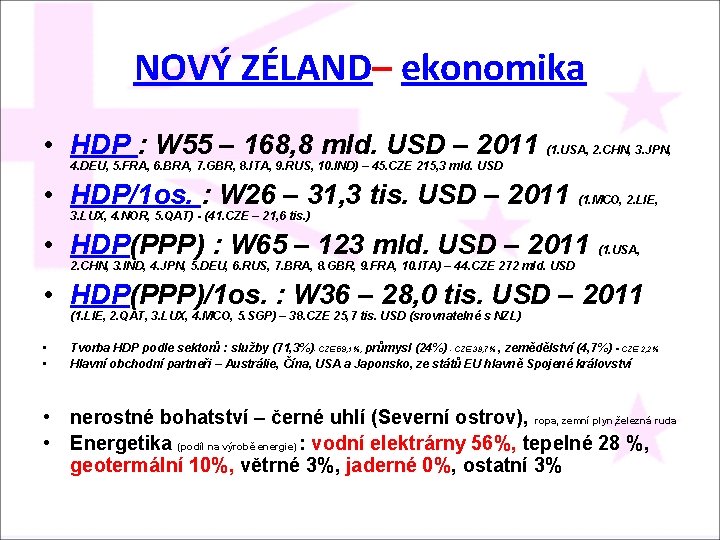 NOVÝ ZÉLAND– ekonomika • HDP : W 55 – 168, 8 mld. USD –
