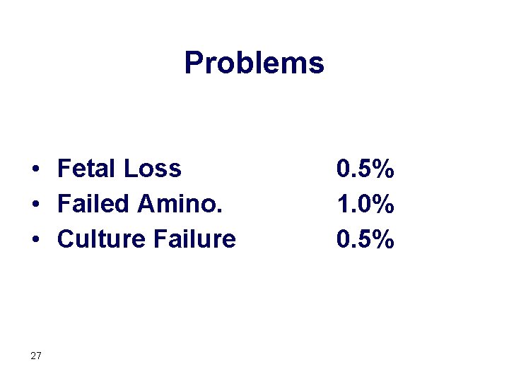 Problems • Fetal Loss • Failed Amino. • Culture Failure 27 0. 5% 1.