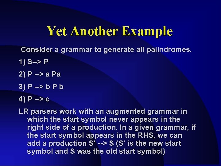 Yet Another Example Consider a grammar to generate all palindromes. 1) S--> P 2)