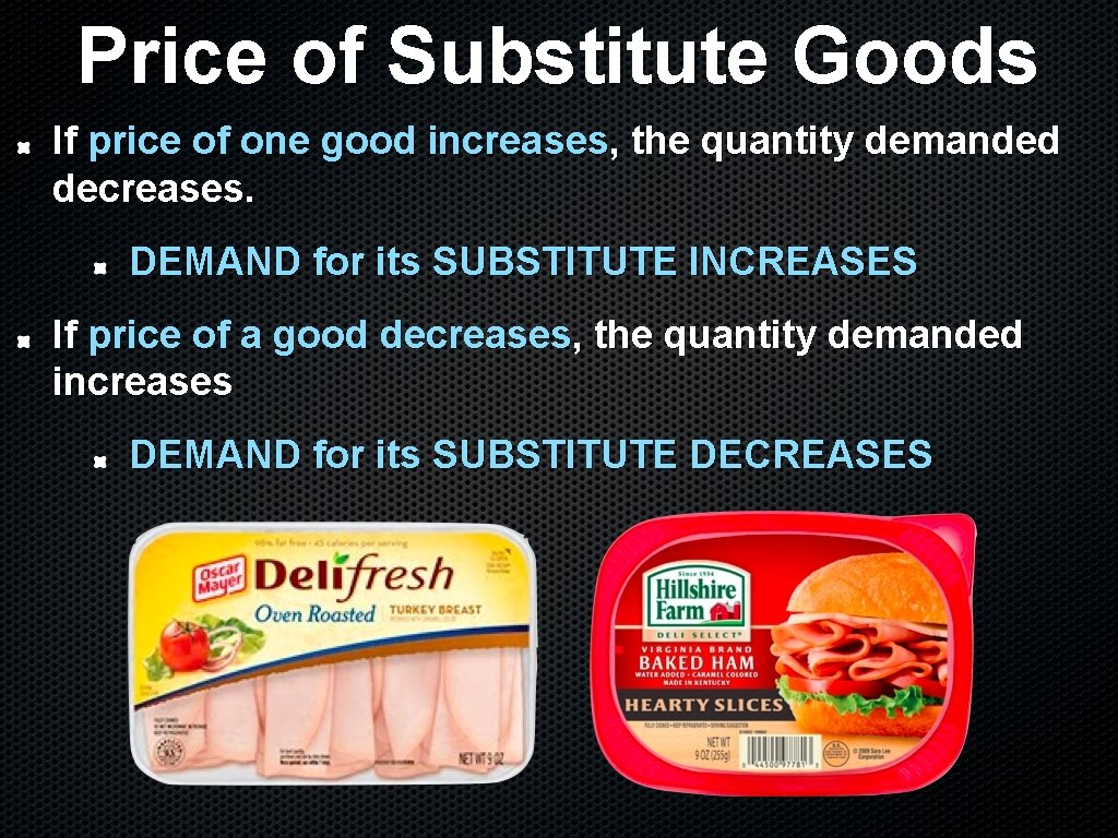 Price of Substitute Goods If price of one good increases, the quantity demanded decreases.