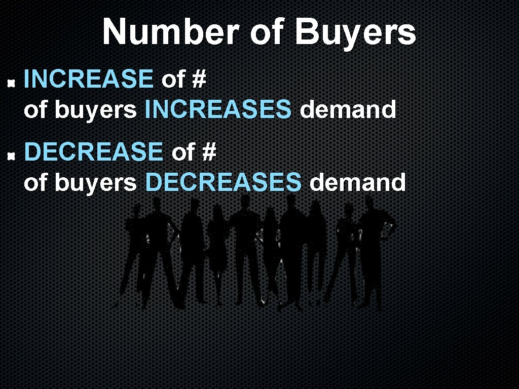 Number of Buyers INCREASE of # of buyers INCREASES demand DECREASE of # of