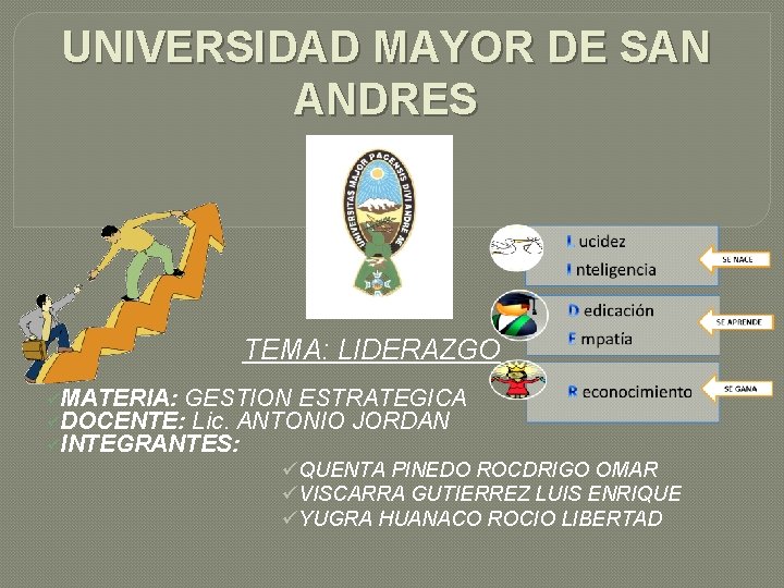 UNIVERSIDAD MAYOR DE SAN ANDRES TEMA: LIDERAZGO üMATERIA: GESTION ESTRATEGICA üDOCENTE: Lic. ANTONIO JORDAN