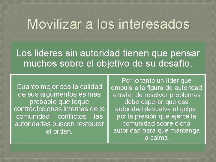 Movilizar a los interesados Los lideres sin autoridad tienen que pensar muchos sobre el