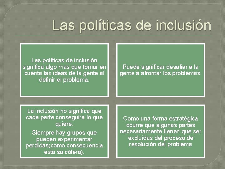Las políticas de inclusión significa algo mas que tomar en cuenta las ideas de