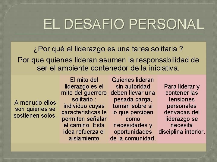 EL DESAFIO PERSONAL ¿Por qué el liderazgo es una tarea solitaria ? Por que