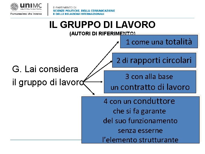 IL GRUPPO DI LAVORO (AUTORI DI RIFERIMENTO) 1 come una totalità G. Lai considera