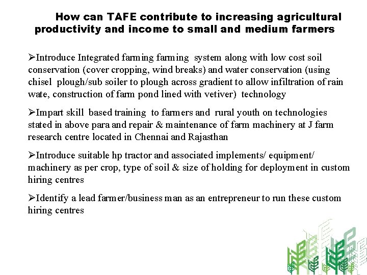 How can TAFE contribute to increasing agricultural productivity and income to small and medium