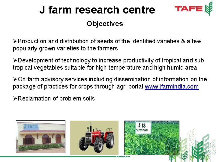 J farm research centre Objectives ØProduction and distribution of seeds of the identified varieties