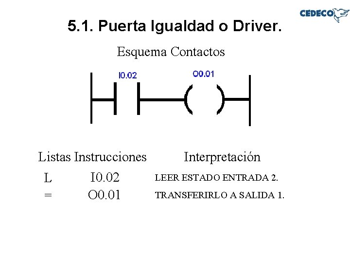 5. 1. Puerta Igualdad o Driver. Esquema Contactos Listas Instrucciones I 0. 02 L