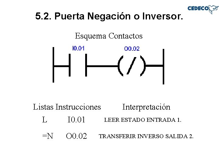 5. 2. Puerta Negación o Inversor. Esquema Contactos Listas Instrucciones L I 0. 01