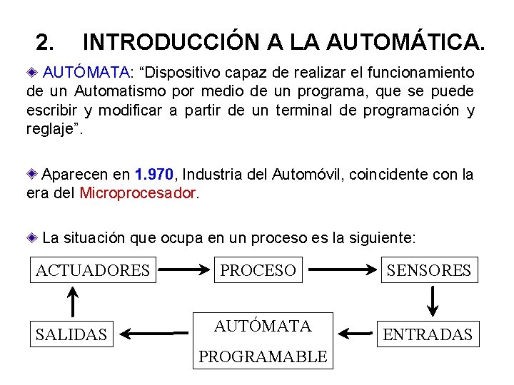 2. INTRODUCCIÓN A LA AUTOMÁTICA. AUTÓMATA: “Dispositivo capaz de realizar el funcionamiento de un