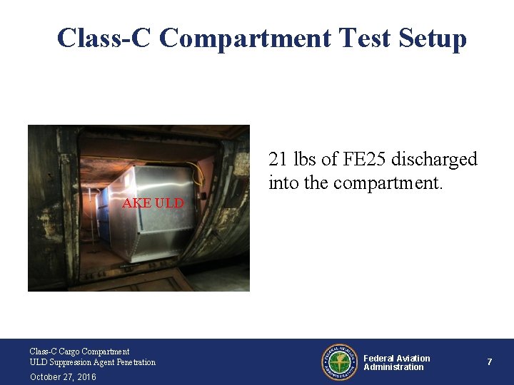 Class-C Compartment Test Setup 21 lbs of FE 25 discharged into the compartment. AKE