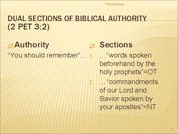 Pneumatology DUAL SECTIONS OF BIBLICAL AUTHORITY (2 PET 3: 2) Authority Sections “You should