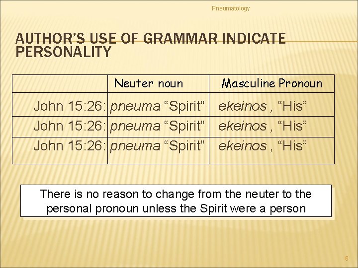 Pneumatology AUTHOR’S USE OF GRAMMAR INDICATE PERSONALITY Neuter noun Masculine Pronoun John 15: 26: