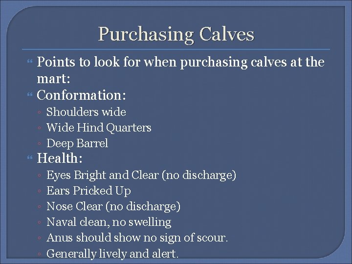 Purchasing Calves Points to look for when purchasing calves at the mart: Conformation: ◦