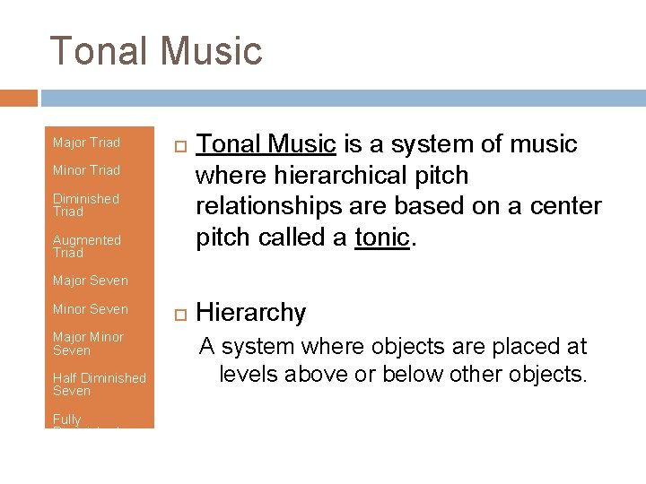 Tonal Music Major Triad Minor Triad Diminished Triad Augmented Triad Tonal Music is a