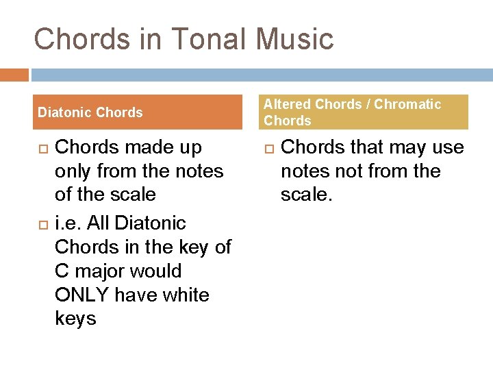 Chords in Tonal Music Diatonic Chords made up only from the notes of the