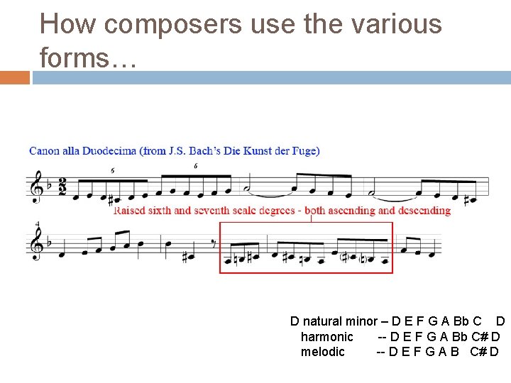 How composers use the various forms… D natural minor – D E F G