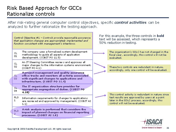 Risk Based Approach for GCCs Rationalize controls After risk-rating general computer control objectives, specific
