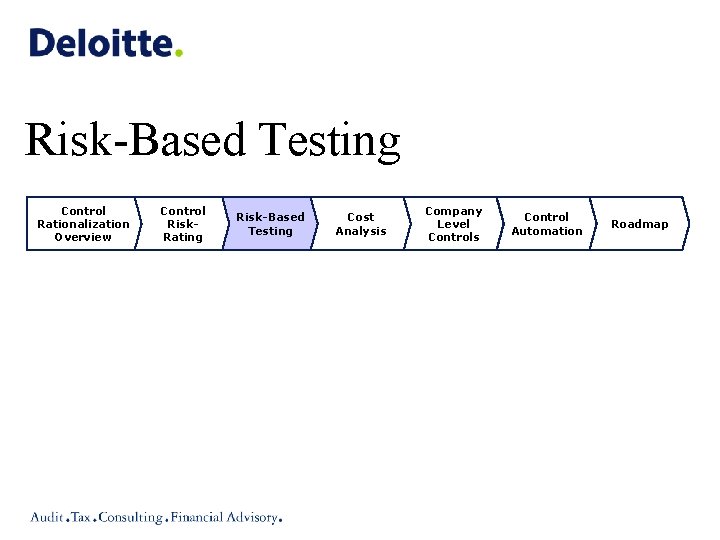 Risk-Based Testing Control Rationalization Overview Control Risk. Rating Risk-Based Testing Cost Analysis Company Level