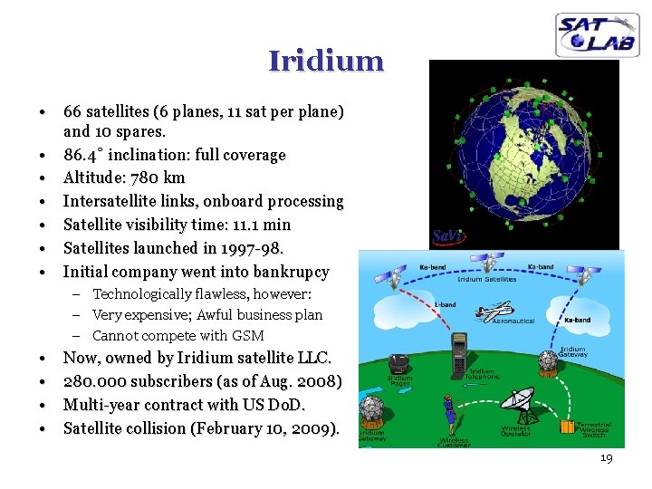 Iridium • • 66 satellites (6 planes, 11 sat per plane) and 10 spares.