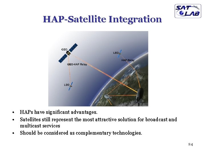 HAP-Satellite Integration • • • HAPs have significant advantages. Satellites still represent the most