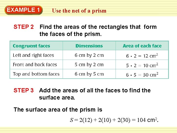 EXAMPLE 1 Use the net of a prism STEP 2 Find the areas of