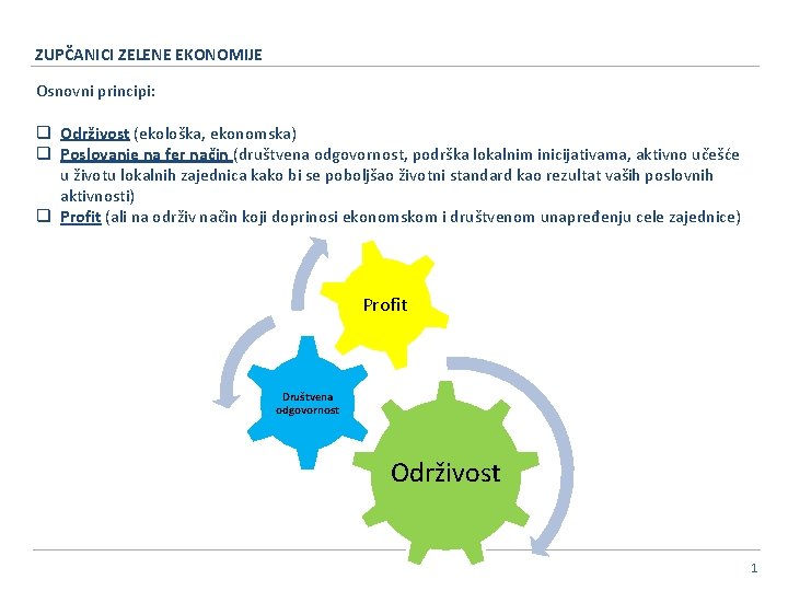 ZUPČANICI ZELENE EKONOMIJE Osnovni principi: q Održivost (ekološka, ekonomska) q Poslovanje na fer način