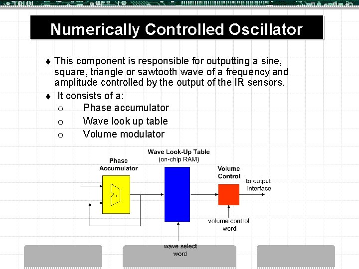 Numerically Controlled Oscillator t t This component is responsible for outputting a sine, square,