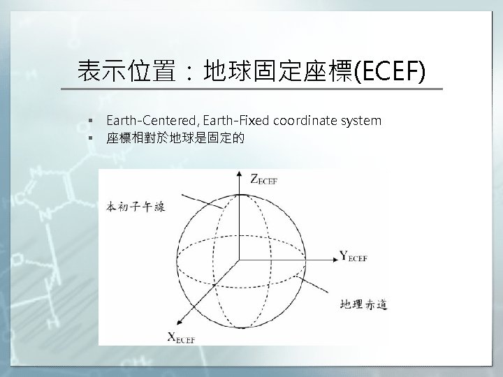 表示位置：地球固定座標(ECEF) § § Earth-Centered, Earth-Fixed coordinate system 座標相對於地球是固定的 