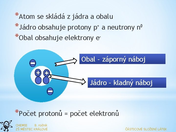*Atom se skládá z jádra a obalu *Jádro obsahuje protony p+ a neutrony n