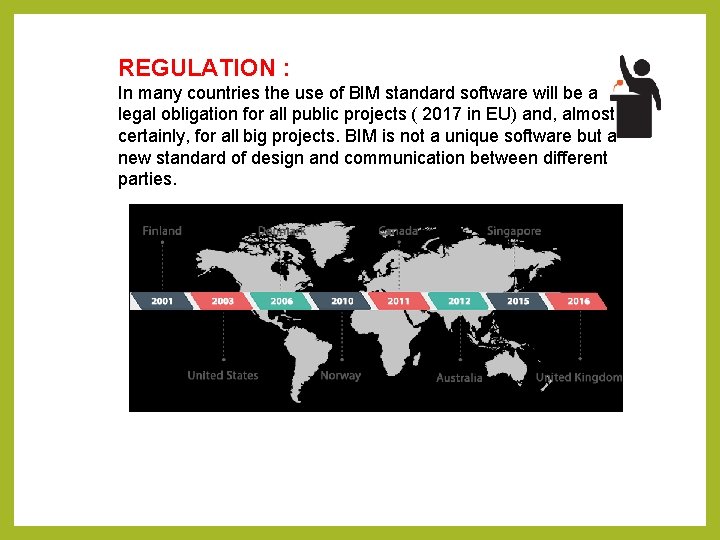 REGULATION : In many countries the use of BIM standard software will be a REGULATION : In many countries the use of BIM standard software will be a