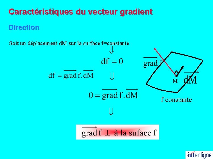 Caractéristiques du vecteur gradient Direction Soit un déplacement d. M sur la surface f=constante