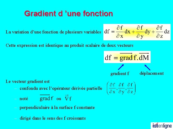 Gradient d ’une fonction La variation d’une fonction de plusieurs variables Cette expression est