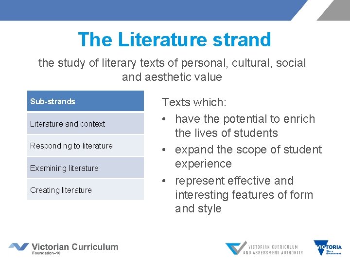 The Literature strand the study of literary texts of personal, cultural, social and aesthetic The Literature strand the study of literary texts of personal, cultural, social and aesthetic