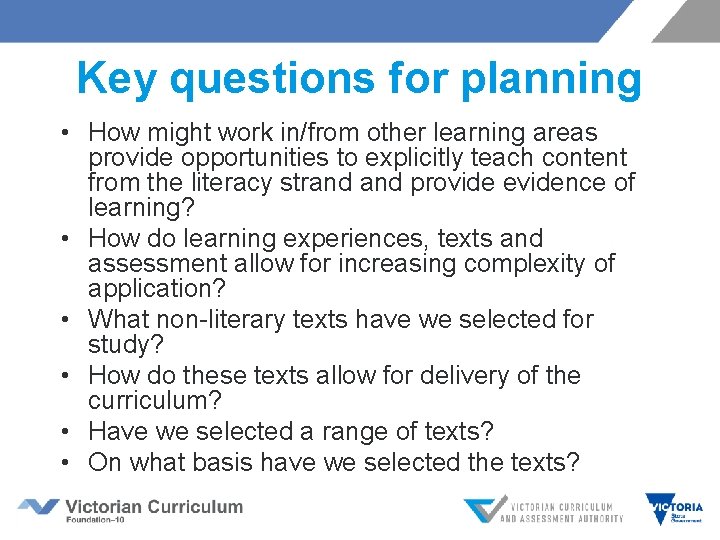 Key questions for planning • How might work in/from other learning areas provide opportunities Key questions for planning • How might work in/from other learning areas provide opportunities