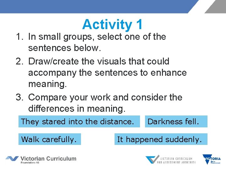 Activity 1 1. In small groups, select one of the sentences below. 2. Draw/create Activity 1 1. In small groups, select one of the sentences below. 2. Draw/create