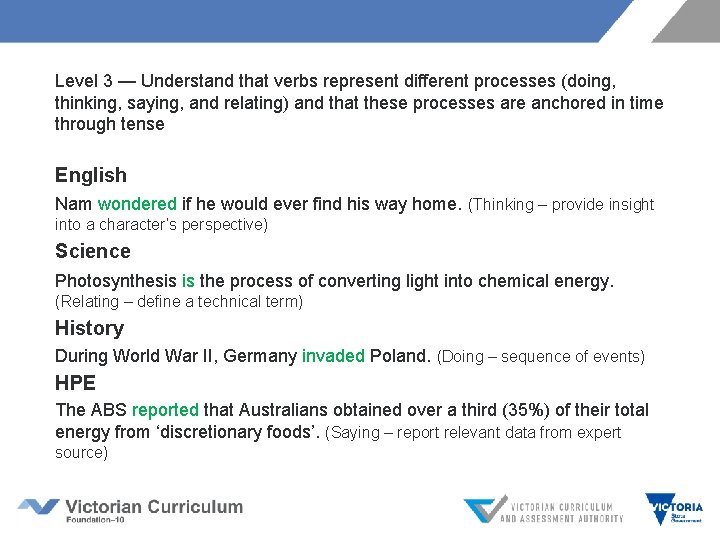 Level 3 — Understand that verbs represent different processes (doing, thinking, saying, and relating) Level 3 — Understand that verbs represent different processes (doing, thinking, saying, and relating)