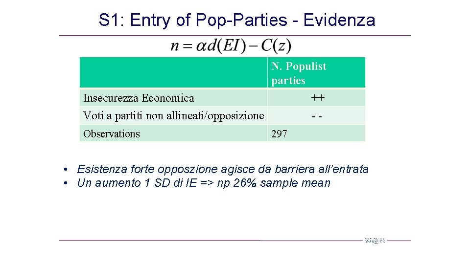 S 1: Entry of Pop-Parties - Evidenza N. Populist parties Insecurezza Economica ++ Voti