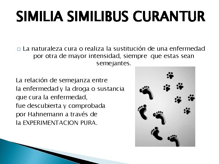 SIMILIA SIMILIBUS CURANTUR � La naturaleza cura o realiza la sustitución de una enfermedad SIMILIA SIMILIBUS CURANTUR � La naturaleza cura o realiza la sustitución de una enfermedad