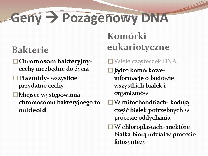 Geny Pozagenowy DNA Bakterie �Chromosom bakteryjny- cechy niezbędne do życia �Plazmidy- wszystkie przydatne cechy