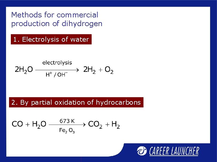 Methods for commercial production of dihydrogen 1. Electrolysis of water 2. By partial oxidation