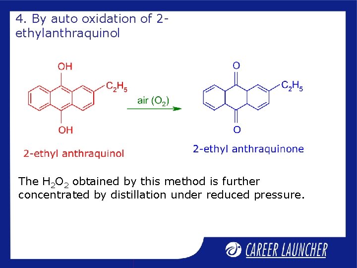 4. By auto oxidation of 2 ethylanthraquinol The H 2 O 2 obtained by