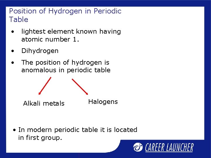 Position of Hydrogen in Periodic Table • lightest element known having atomic number 1.