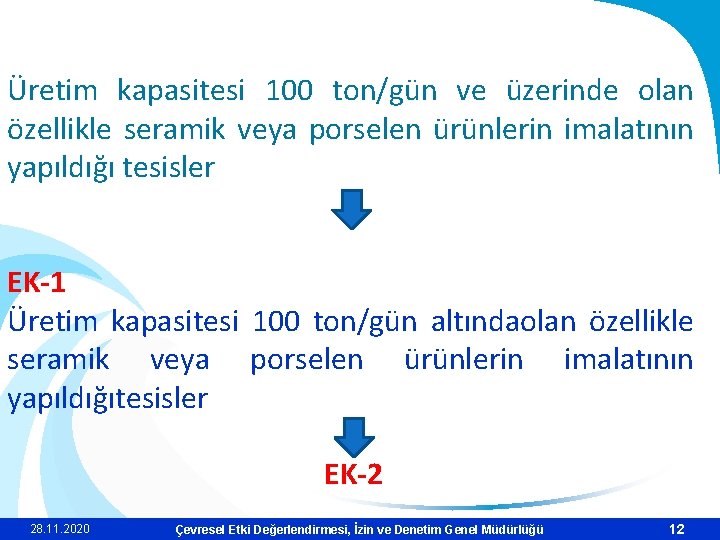 Üretim kapasitesi 100 ton/gün ve üzerinde olan özellikle seramik veya porselen ürünlerin imalatının yapıldığı